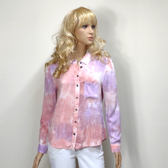 Velvet Heart Small pink & purple tie dye long sleeve button down blouse - Picture 1 of 10